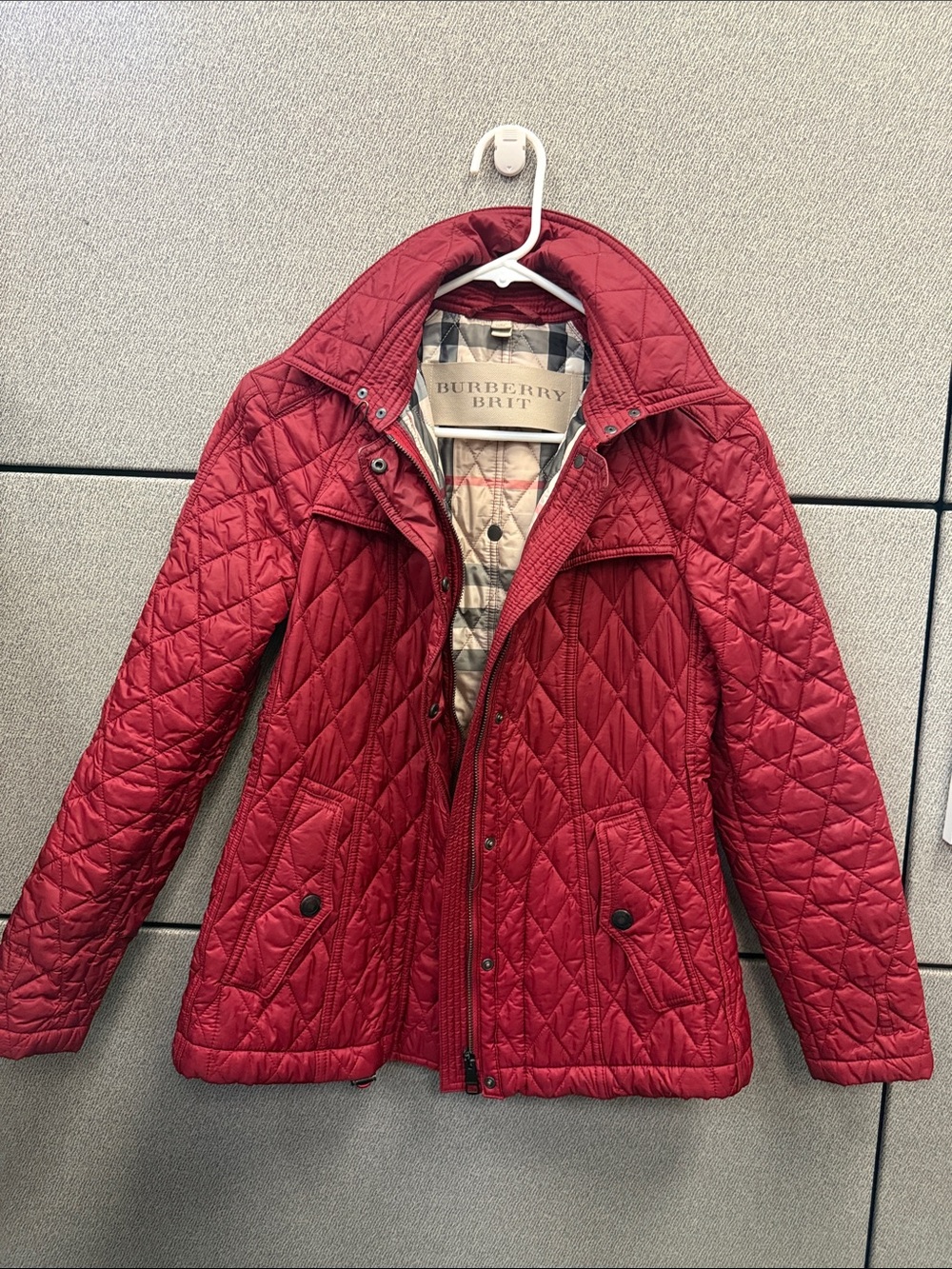 Burberry Red Quilted Diamond Puffer Jacket with Check Trim